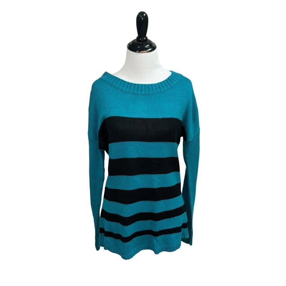 AGB Women's M Medium Knit Sweater Long Sleeves Striped Accent Buttons Turquoise
